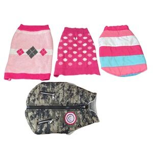 Lot of 4 SM-MED 14-17 lb. Dog Sweaters Coats Apparel Pink Camo Polka Dot Argyle